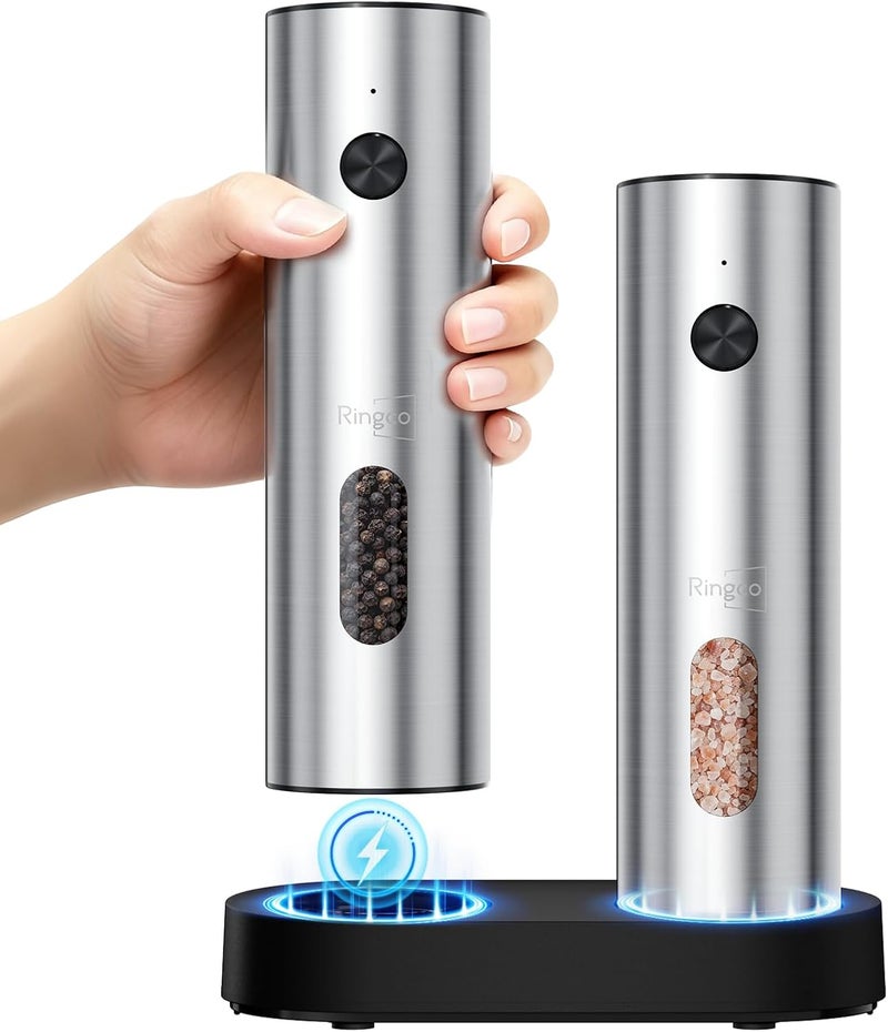 Ringo Ringco Electric Salt and Pepper Grinder Set with Charging Base, Rechargeable Salt and Pepper Mill with Adjustable Coarseness, LED Light, 110ml Large Capacity for Kitchen, Outdoors, Christmas Gift - Image 1
